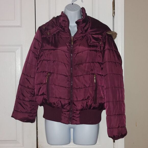J2 Puffy plum color winter coat faux fur hood  Juniors  Sz XL - Picture 1 of 6